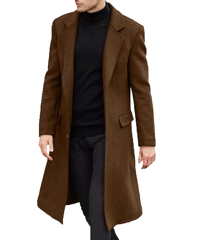 men's casual trench coat slim fit notched collar long jacket overcoat single breasted pea coat wih pockets