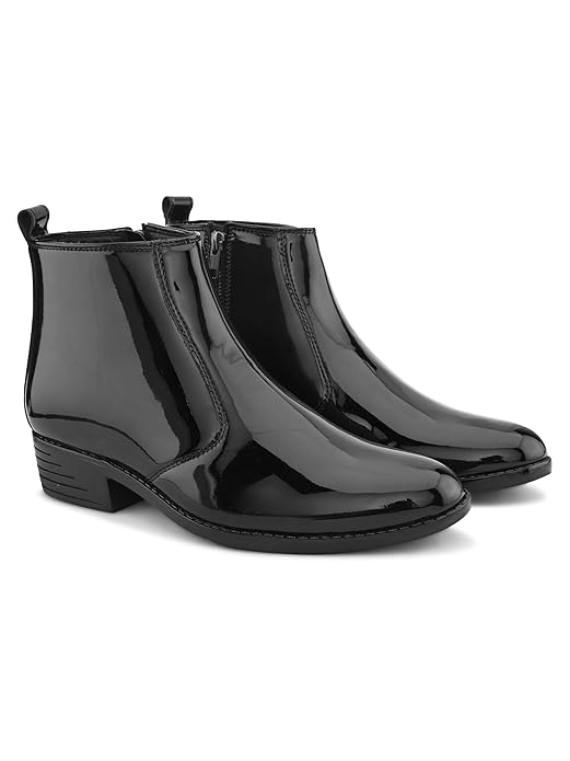 luxeglint chelsea for men shine dress boots | premium pu leather, ankle high slip on with elastic side panels, black formal party footwear