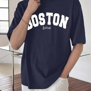 leotude man cotton blend graphic print round neck half sleeve drop shoulder oversized t shirt (color navy blue)