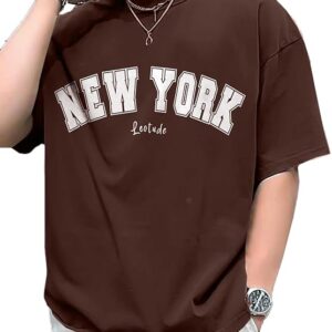 leotude casual half sleeve cottonblend printed round neck drop shoulder oversized tshirt for man (color brown)